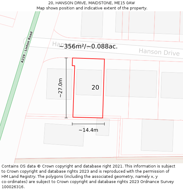 20, HANSON DRIVE, MAIDSTONE, ME15 0AW: Plot and title map