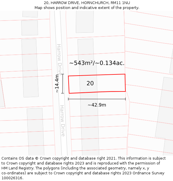 20, HARROW DRIVE, HORNCHURCH, RM11 1NU: Plot and title map