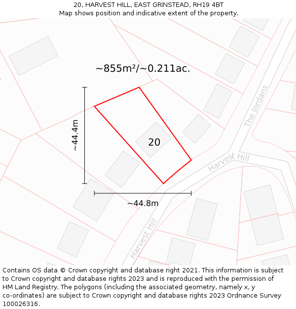 20, HARVEST HILL, EAST GRINSTEAD, RH19 4BT: Plot and title map
