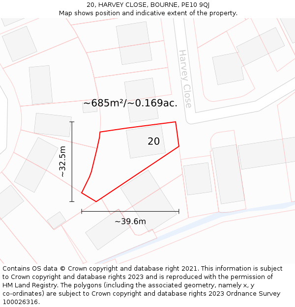 20, HARVEY CLOSE, BOURNE, PE10 9QJ: Plot and title map