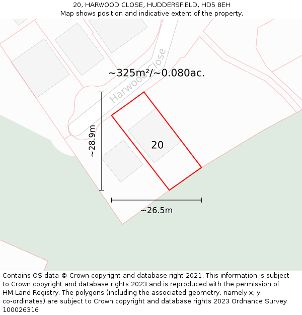 20, HARWOOD CLOSE, HUDDERSFIELD, HD5 8EH: Plot and title map