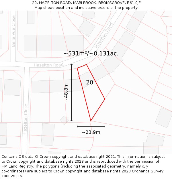 20, HAZELTON ROAD, MARLBROOK, BROMSGROVE, B61 0JE: Plot and title map