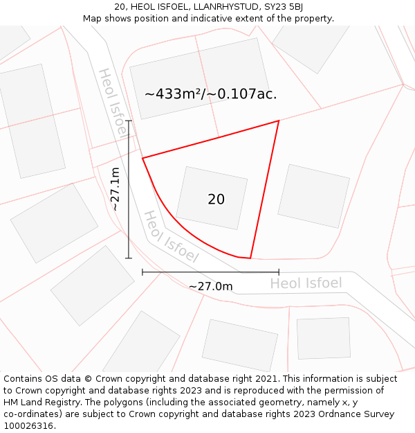 20, HEOL ISFOEL, LLANRHYSTUD, SY23 5BJ: Plot and title map