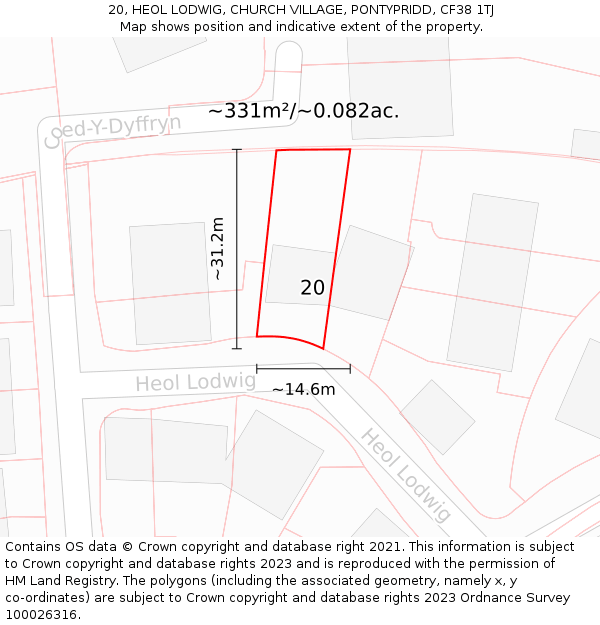 20, HEOL LODWIG, CHURCH VILLAGE, PONTYPRIDD, CF38 1TJ: Plot and title map