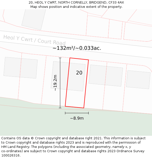 20, HEOL Y CWRT, NORTH CORNELLY, BRIDGEND, CF33 4AX: Plot and title map