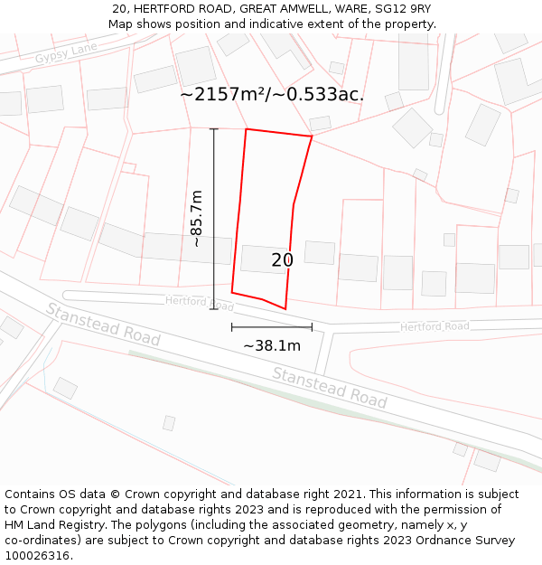 20, HERTFORD ROAD, GREAT AMWELL, WARE, SG12 9RY: Plot and title map