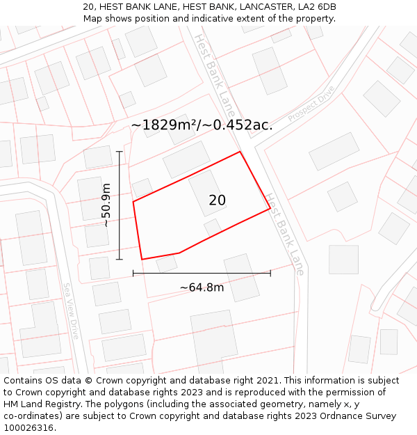 20, HEST BANK LANE, HEST BANK, LANCASTER, LA2 6DB: Plot and title map