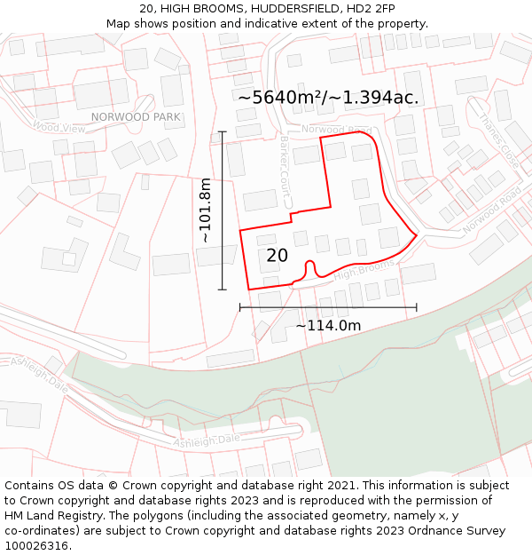 20, HIGH BROOMS, HUDDERSFIELD, HD2 2FP: Plot and title map