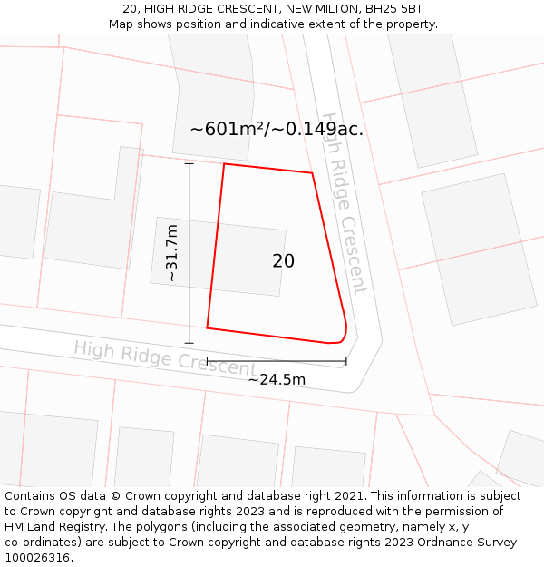 20, HIGH RIDGE CRESCENT, NEW MILTON, BH25 5BT: Plot and title map