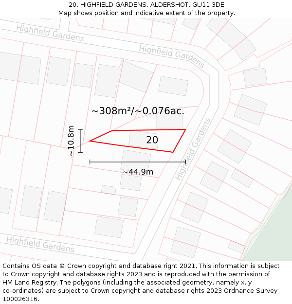 20, HIGHFIELD GARDENS, ALDERSHOT, GU11 3DE: Plot and title map