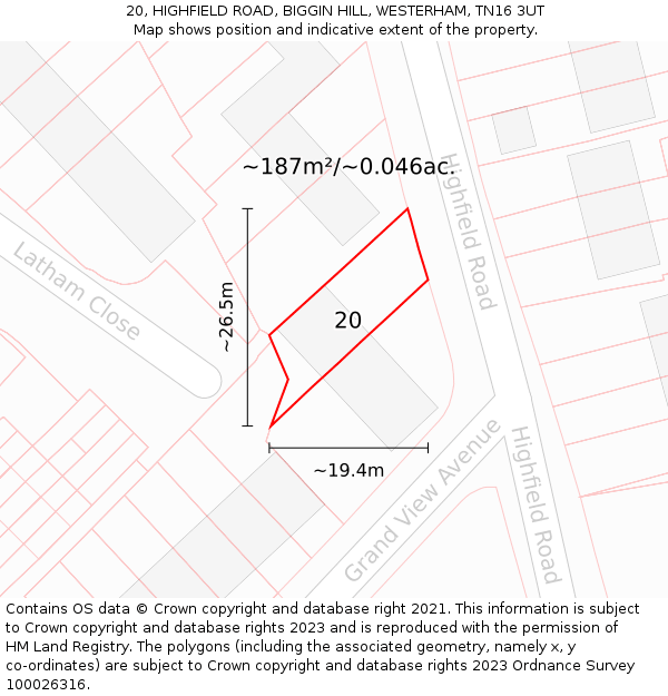 20, HIGHFIELD ROAD, BIGGIN HILL, WESTERHAM, TN16 3UT: Plot and title map