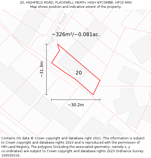 20, HIGHFIELD ROAD, FLACKWELL HEATH, HIGH WYCOMBE, HP10 9AN: Plot and title map