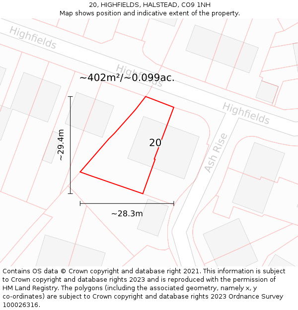 20, HIGHFIELDS, HALSTEAD, CO9 1NH: Plot and title map