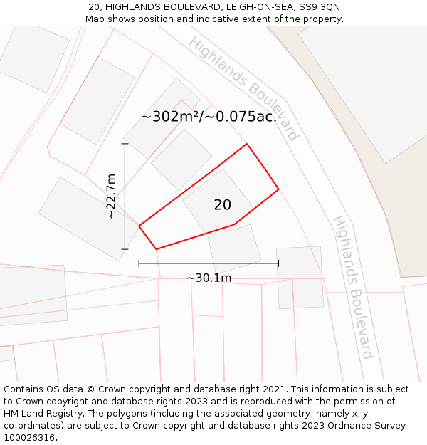 20, HIGHLANDS BOULEVARD, LEIGH-ON-SEA, SS9 3QN: Plot and title map