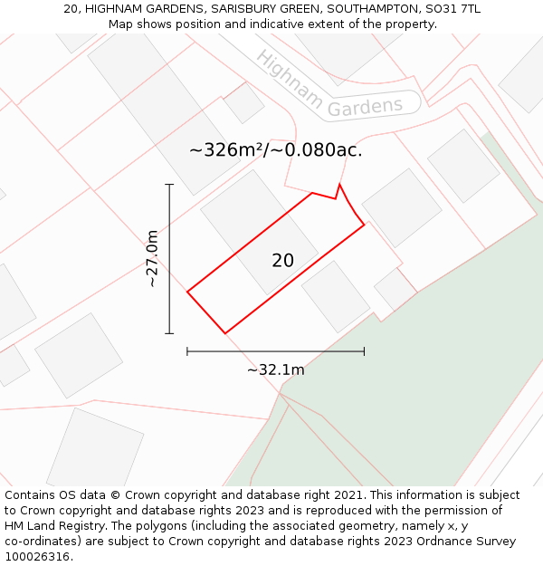 20, HIGHNAM GARDENS, SARISBURY GREEN, SOUTHAMPTON, SO31 7TL: Plot and title map