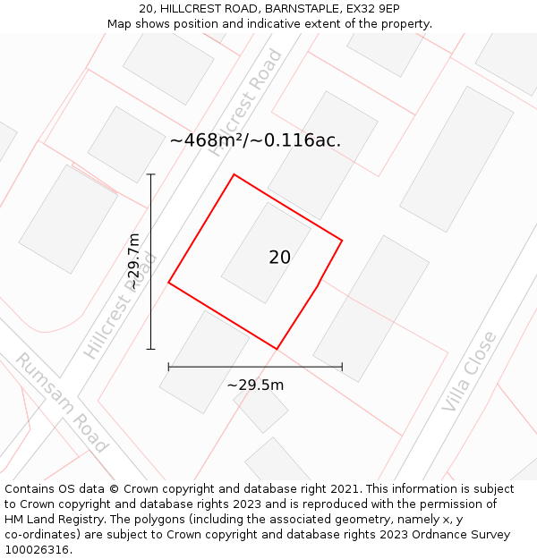 20, HILLCREST ROAD, BARNSTAPLE, EX32 9EP: Plot and title map