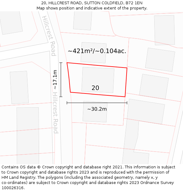 20, HILLCREST ROAD, SUTTON COLDFIELD, B72 1EN: Plot and title map