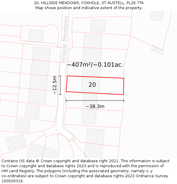 20, HILLSIDE MEADOWS, FOXHOLE, ST AUSTELL, PL26 7TA: Plot and title map