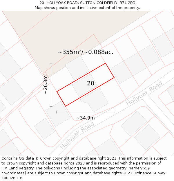 20, HOLLYOAK ROAD, SUTTON COLDFIELD, B74 2FG: Plot and title map