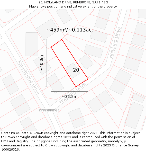 20, HOLYLAND DRIVE, PEMBROKE, SA71 4BG: Plot and title map