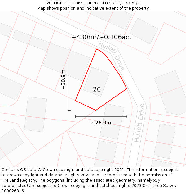 20, HULLETT DRIVE, HEBDEN BRIDGE, HX7 5QR: Plot and title map