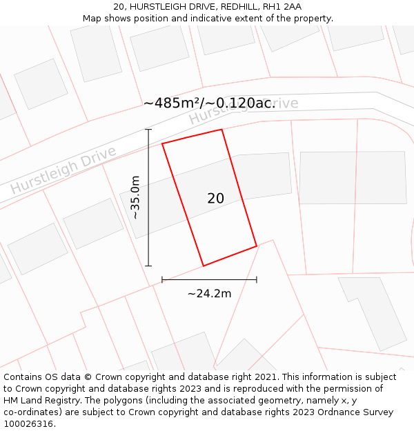 20, HURSTLEIGH DRIVE, REDHILL, RH1 2AA: Plot and title map