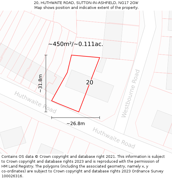 20, HUTHWAITE ROAD, SUTTON-IN-ASHFIELD, NG17 2GW: Plot and title map