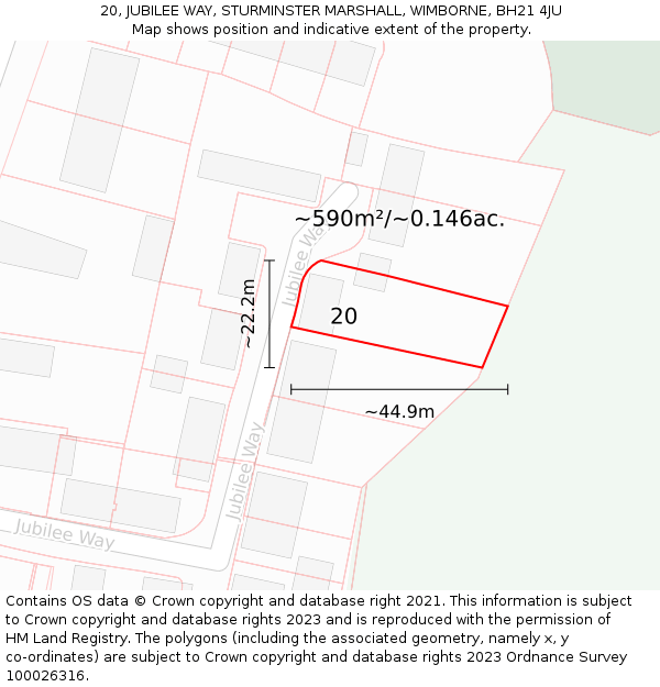 20, JUBILEE WAY, STURMINSTER MARSHALL, WIMBORNE, BH21 4JU: Plot and title map
