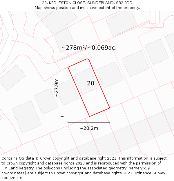 20, KEDLESTON CLOSE, SUNDERLAND, SR2 0DD: Plot and title map