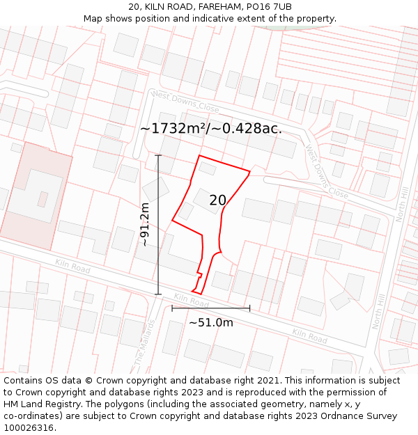 20, KILN ROAD, FAREHAM, PO16 7UB: Plot and title map