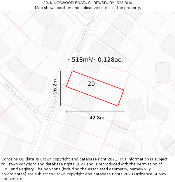 20, KINGSWOOD ROAD, SHREWSBURY, SY3 8UX: Plot and title map