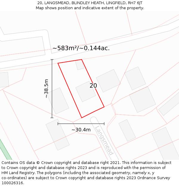 20, LANGSMEAD, BLINDLEY HEATH, LINGFIELD, RH7 6JT: Plot and title map