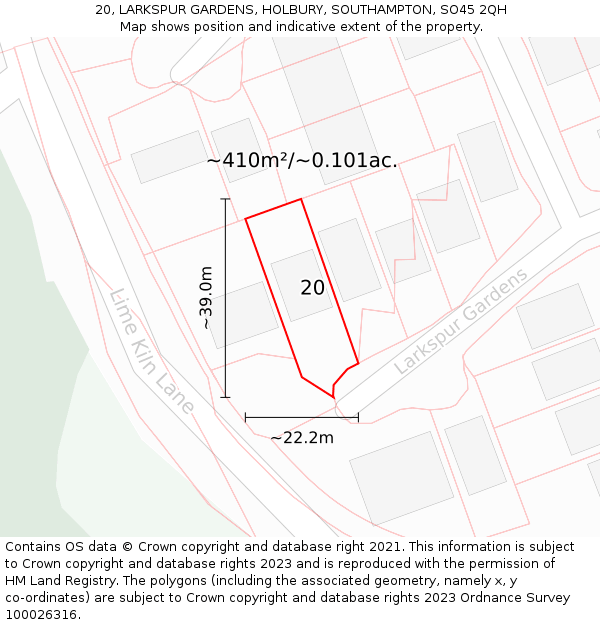 20, LARKSPUR GARDENS, HOLBURY, SOUTHAMPTON, SO45 2QH: Plot and title map