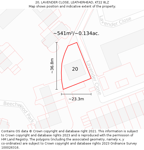 20, LAVENDER CLOSE, LEATHERHEAD, KT22 8LZ: Plot and title map