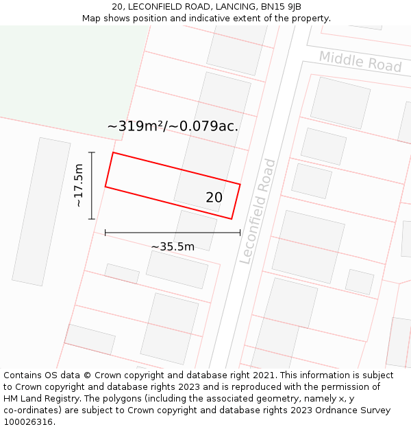 20, LECONFIELD ROAD, LANCING, BN15 9JB: Plot and title map