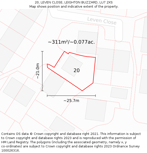 20, LEVEN CLOSE, LEIGHTON BUZZARD, LU7 2XS: Plot and title map