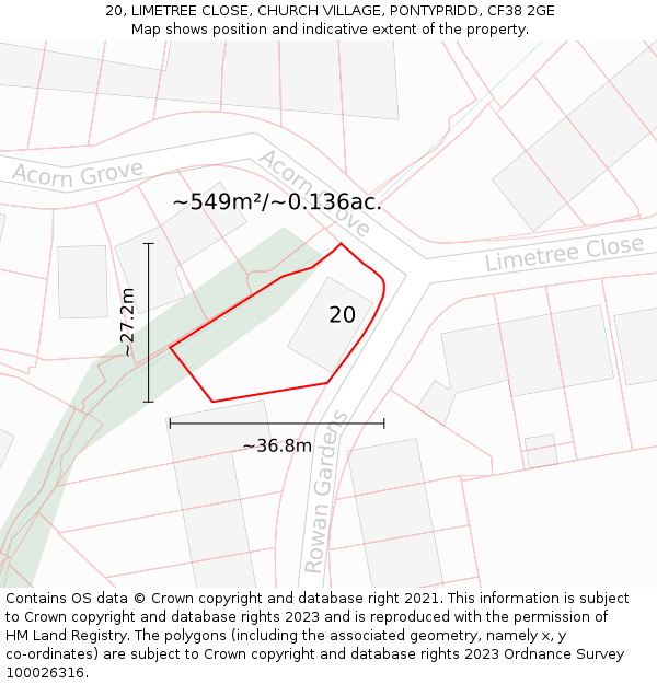 20, LIMETREE CLOSE, CHURCH VILLAGE, PONTYPRIDD, CF38 2GE: Plot and title map