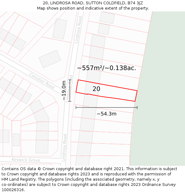 20, LINDROSA ROAD, SUTTON COLDFIELD, B74 3JZ: Plot and title map