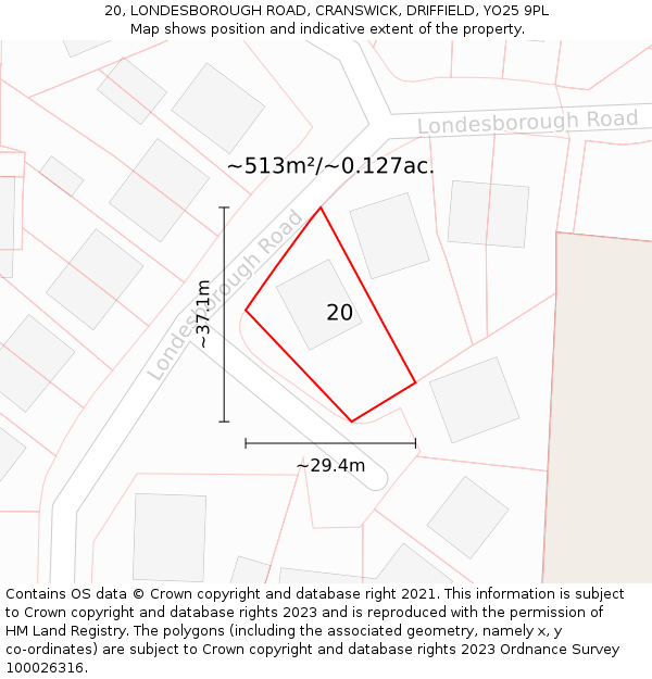 20, LONDESBOROUGH ROAD, CRANSWICK, DRIFFIELD, YO25 9PL: Plot and title map