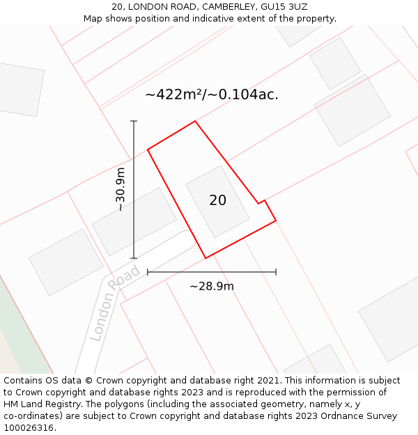 20, LONDON ROAD, CAMBERLEY, GU15 3UZ: Plot and title map