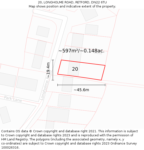 20, LONGHOLME ROAD, RETFORD, DN22 6TU: Plot and title map