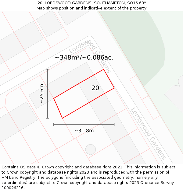 20, LORDSWOOD GARDENS, SOUTHAMPTON, SO16 6RY: Plot and title map