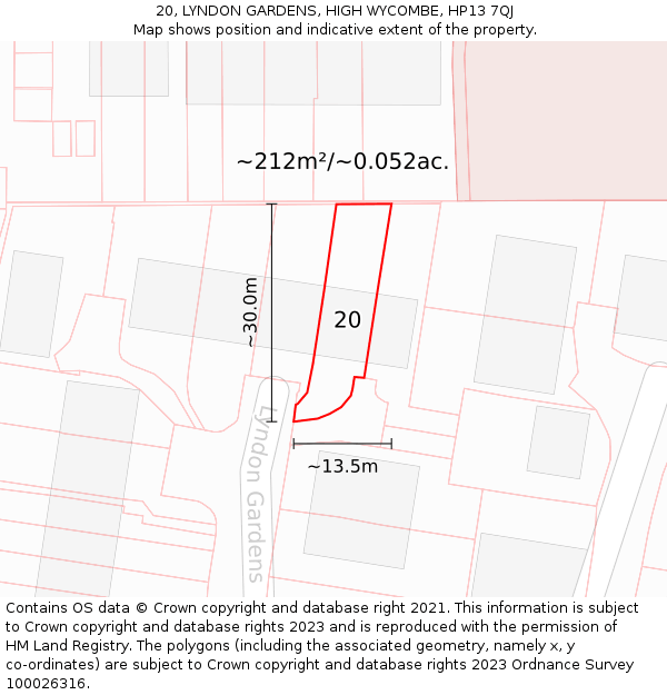 20, LYNDON GARDENS, HIGH WYCOMBE, HP13 7QJ: Plot and title map