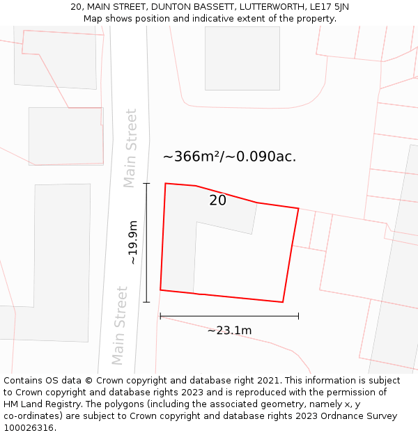 20, MAIN STREET, DUNTON BASSETT, LUTTERWORTH, LE17 5JN: Plot and title map