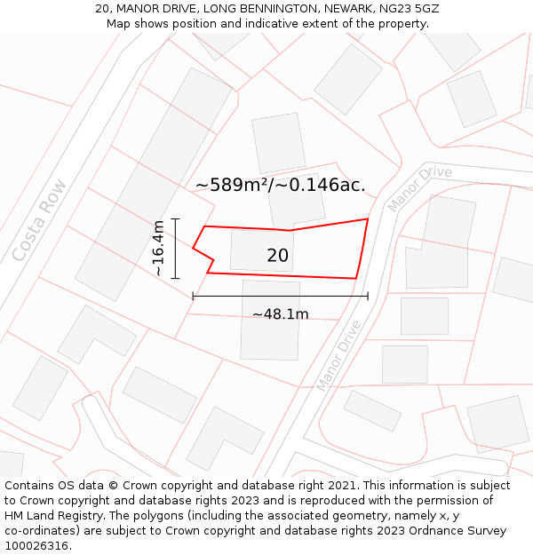 20, MANOR DRIVE, LONG BENNINGTON, NEWARK, NG23 5GZ: Plot and title map