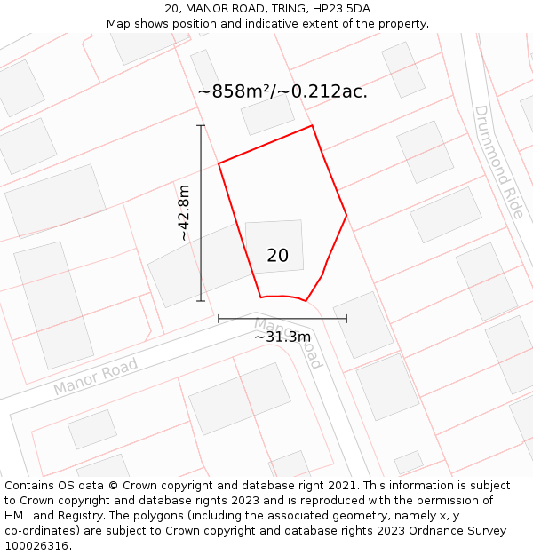 20, MANOR ROAD, TRING, HP23 5DA: Plot and title map