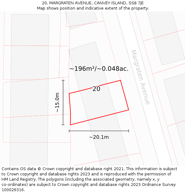 20, MARGRATEN AVENUE, CANVEY ISLAND, SS8 7JE: Plot and title map