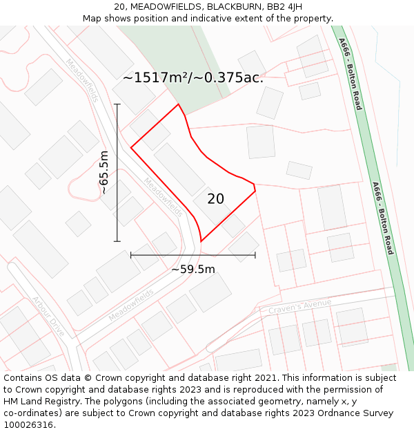 20, MEADOWFIELDS, BLACKBURN, BB2 4JH: Plot and title map