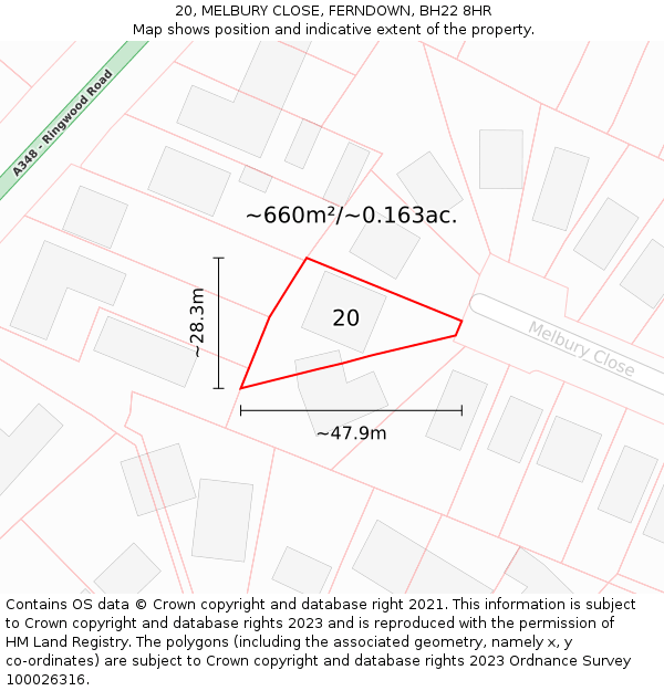 20, MELBURY CLOSE, FERNDOWN, BH22 8HR: Plot and title map