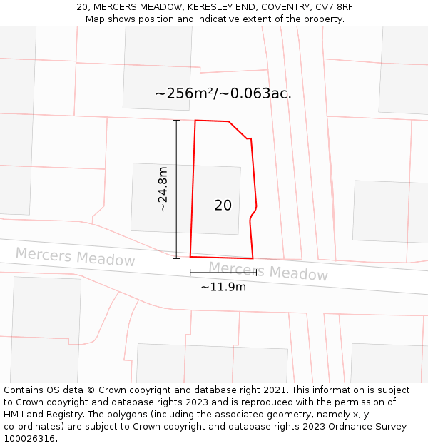 20, MERCERS MEADOW, KERESLEY END, COVENTRY, CV7 8RF: Plot and title map